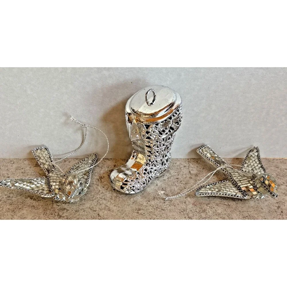 Vtg Mirror Dove Christmas Tree Ornaments Mosaic Bird Disco Silver Filigree Boot